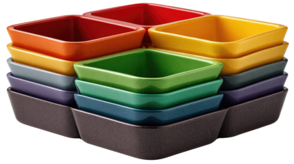 Colorful Stacked Ceramic Dishes: A captivating array of vibrant, square-shaped ceramic dishes in an organized, stacked arrangement, showcasing a spectrum of vivid hues and textures. 