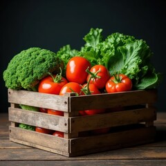 Fresh organic vegetables in rustic wooden crate
