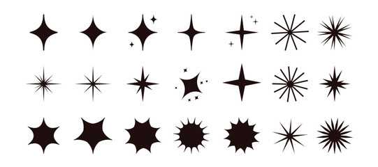 Stars of different shapes icon set, black design elements of bright light sparkles and shines, starburst. Geometric stars twinkle and glow, simple minimal sparks bling and flare vector illustration