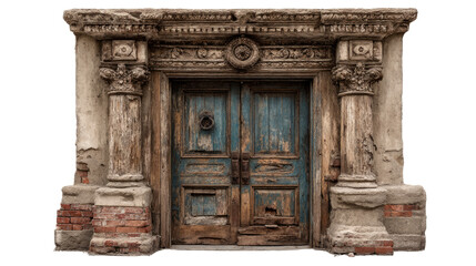 Obraz premium Ancient Portal: A weathered, vintage door with ornate architectural details stands as a portal to the past. The aged wood and classical elements evoke a sense of history, mystery.