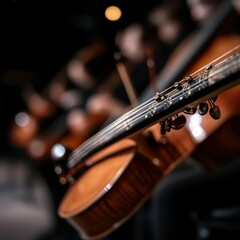 Fototapeta premium Close-up of Cello Scroll and Strings in Orchestra Setting
