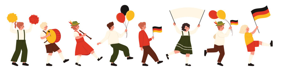 Happy kids in traditional German costumes march with flags, balloons, and banners for German Unity Day parade, festive celebration, white background, isolated vector illustration
