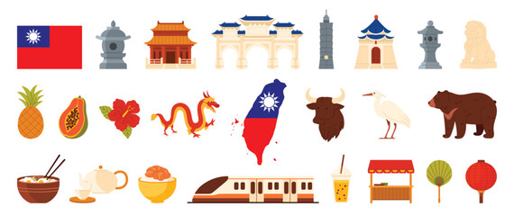 Taiwan travel landmarks set, tourist attractions and Taiwanese culture elements, food of country. Confucius Temple and Liberty Square Arch, Taipei Tower, Fu dog stone lion cartoon vector illustration