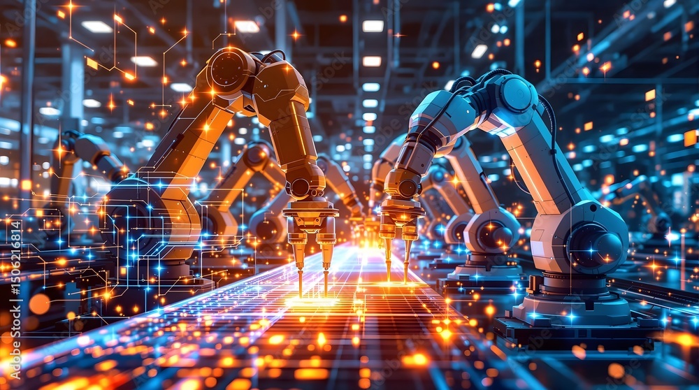 Poster futuristic automated robotic arms assembling components in high tech manufacturing facility