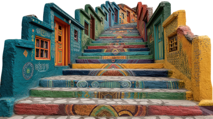 Rainbow Steps: A vibrant exterior shot capturing a captivating stairway adorned with colorful, intricate designs, inviting viewers to embark on a visual journey.