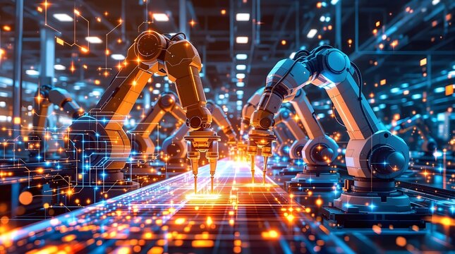 Futuristic automated robotic arms assembling components in high tech manufacturing facility