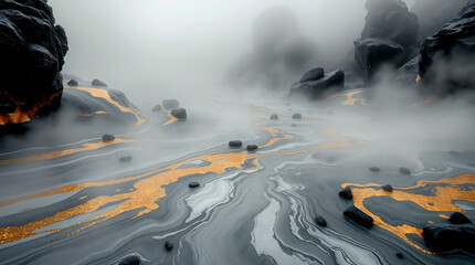 Marbleous Wonder - Stunning Surreal Landscape With Misty, Flowing Grey Marble River, Rocks, And Striking Gold Veins.