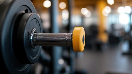 Close-up of weightlifting bar and plate at the gym.
