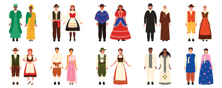 People in traditional costumes of different countries set. Man and woman in ethnic folk dress of Nigeria, Romania, Mexico, Germany, Thailand, Austria, Ethiopia, South Korea cartoon vector illustration