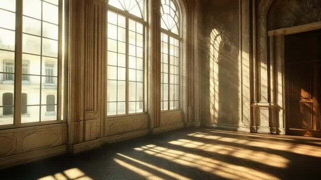 Sunlit grand hall with arched windows, antique door and wooden flooring