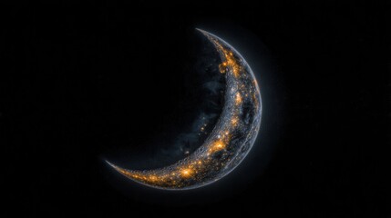 Crescent moon, glowing city lights
