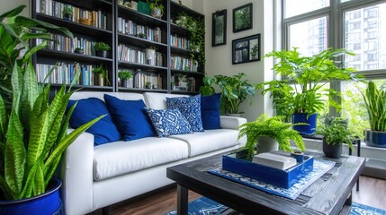 Cozy modern living room with plants and books