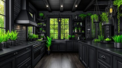 Dark, modern kitchen with lush greenery.  A stylish, opulent space
