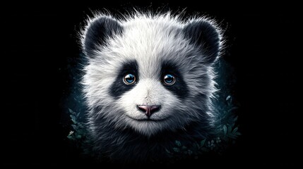 Cute panda portrait, black background, vibrant colors
