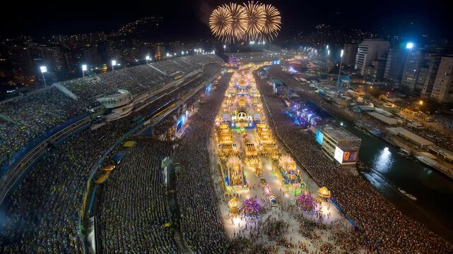 A high-angle view of a vibrant Carnival celebration at night, filled with dazzling floats and crowds.