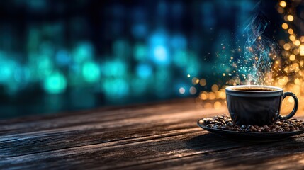 Dark coffee cup steaming on wooden table, city lights bokeh