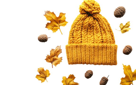 Cozy knit beanie in mustard yellow color adorned with a pattern of scattered acorns for autumn style Isolated on Transparent Background PNG