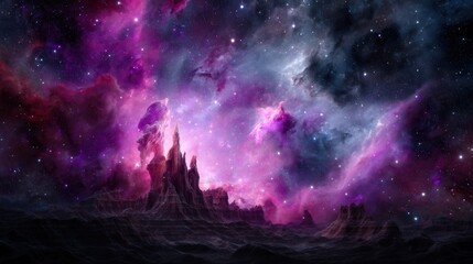 Cosmic landscape of vibrant nebulae and alien rock formations