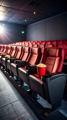 Empty Red Cinema Seats with Popcorn Bucket and Beam of Light with Movie Theater.