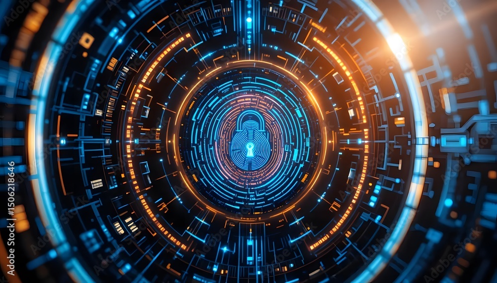 Aufkleber a luminous blue padlock floats centered in an abstract tunnel with circuit-like orange lines.