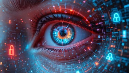 A human eye reflecting a digital world with security padlocks, evoking technology and surveillance.