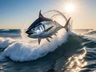 Fototapeta premium A bluefin tuna making a dynamic jump from the surface of the ocean