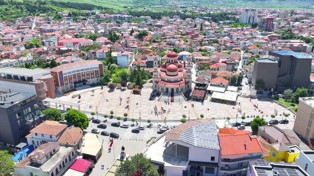 Albania Kor&ccedil;a city drone view, spring colors, orthodox cathedral 18 may 2025