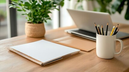 Cozy Workspace with Laptop, Pencils, and Plant