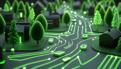 3D model of an urban city with green and black neon circuit patterns, green trees and buildings in the background.