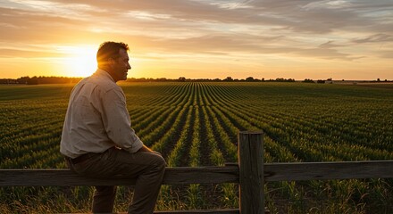 Man on fence overlooking agricultural field at sunset with golden sunlight and vibrant sky