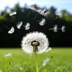 Dandelion Seed Head with Seeds Drifting Away