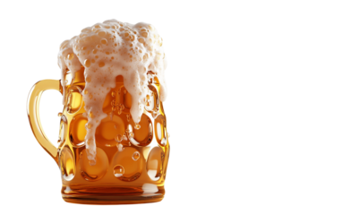 Large golden beer stein overflowing with thick frothy foam showcasing a refreshing cold beverage Isolated on Transparent Background PNG