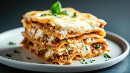 Delicious Lasagna with Basil on White Plate