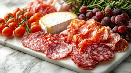 Artisan cheese and meat grazing board flatlay on a white top with a blurred background, featuring a variety of gourmet selections and caption space on the side for elegant presentation.

