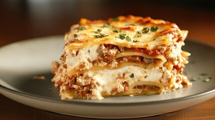 Delicious Slice of Lasagna on a Plate, Close-Up