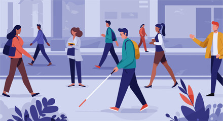 Visually impaired person using a white cane while walking along a street