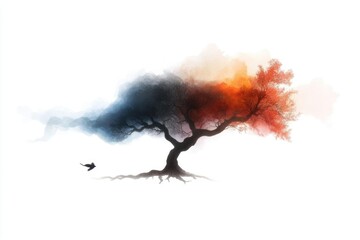 Dramatic Tree with Two Sides and Flying Bird