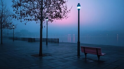 Eerie morning by the lake: bench and lamp posts.