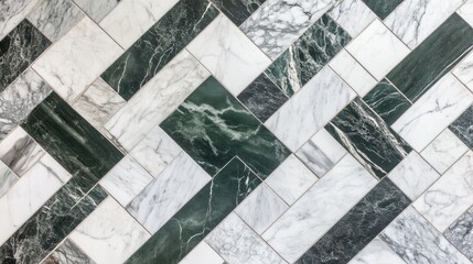 Geometric pattern of white and dark green marble tiles.