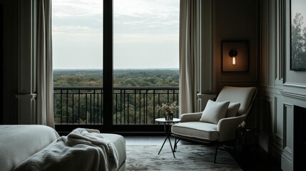 Elegant Bedroom with Forest View and Cozy Armchair