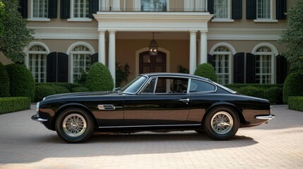 Elegant Black Classic Car Parked in Front of Stately Home