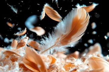 Elegant brown and white feathers floating in the air against bla