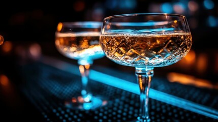 Elegant crystal champagne glasses on a dimly lit bar