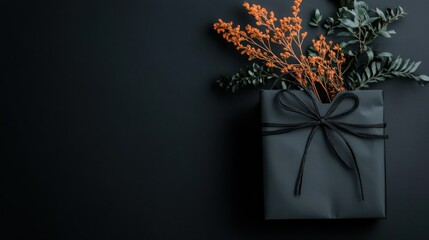 Elegant Dark Gift with Floral Accents on Black Backdrop