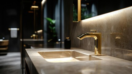 Elegant Gold Faucet and Stone Sink in Modern Bathroom