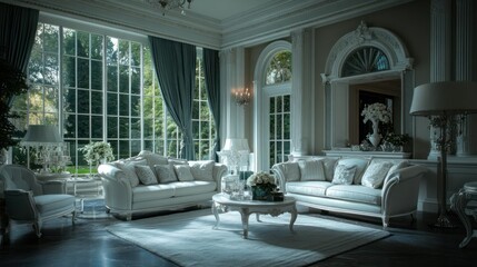 Elegant Living Room with Garden View and Ornate Details