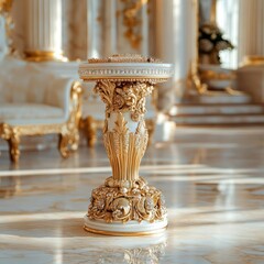 Elegant Ornate Gold and White Pedestal in Opulent Room