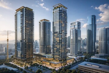 Obraz premium Innovative High-Rises Showcasing Modern Architecture in Financial Hub