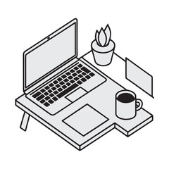 Minimalist Black & White Laptop Desk Line Art