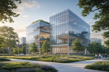Obraz premium Elegant Glass Office Complex Surrounded by Flourishing Greenery in an Eco-Aware Urban Landscape